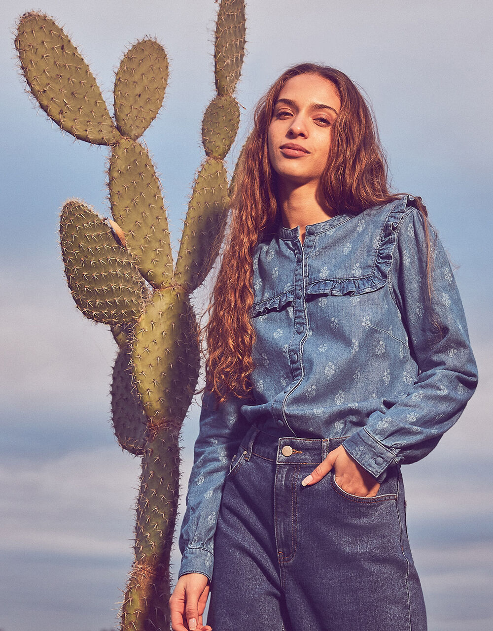 Laser print denim shirt in sustainable cotton blue Monsoon