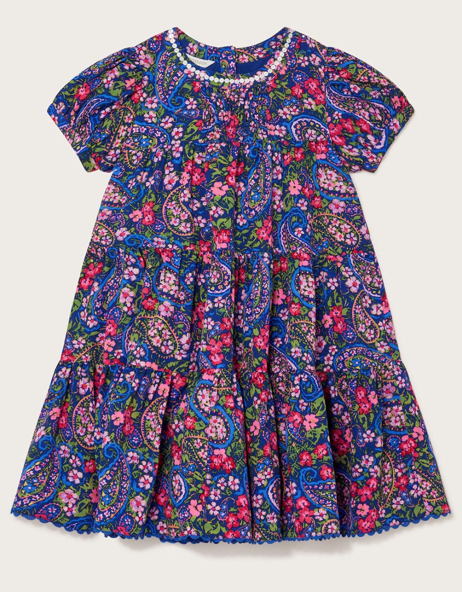 Paisley tiered dress in recycled polyester blue
