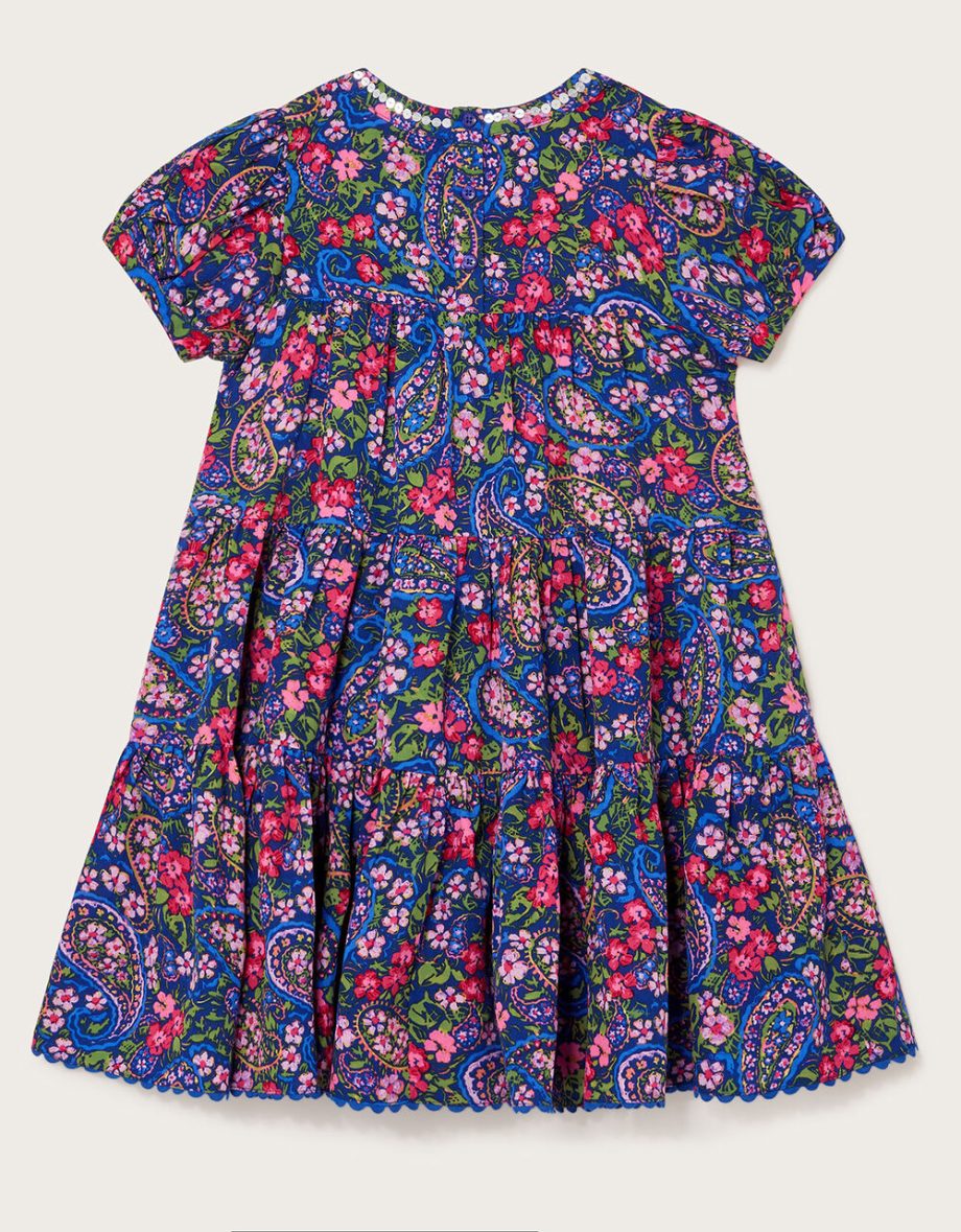 Paisley tiered dress in recycled polyester blue