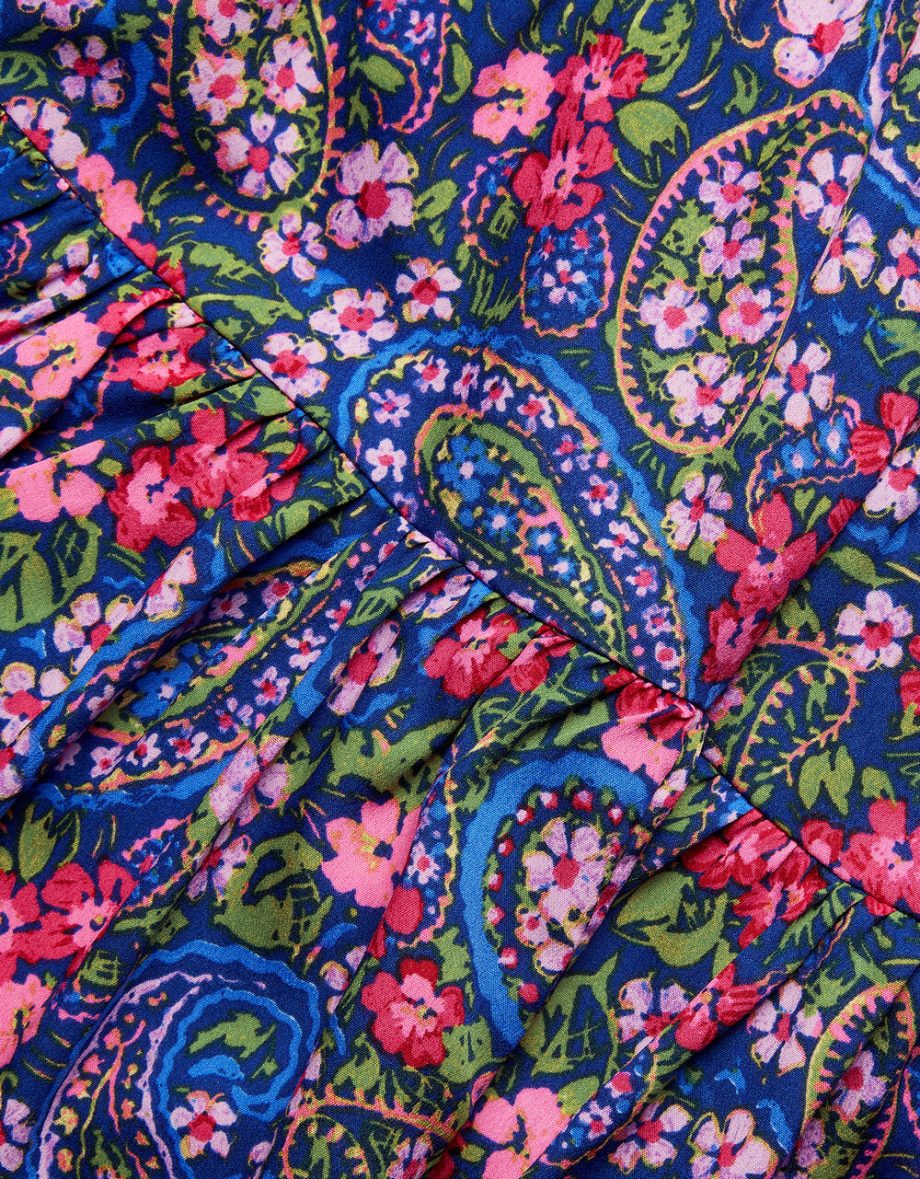 Paisley tiered dress in recycled polyester blue