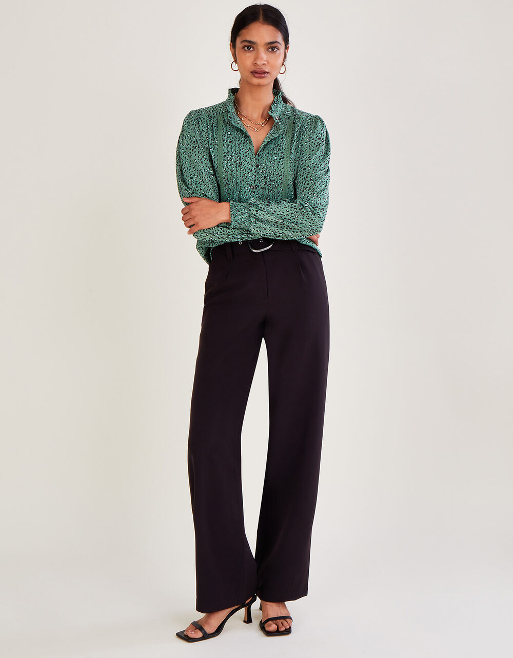Thea wide leg trousers with recycled polyester black - Monsoon ...