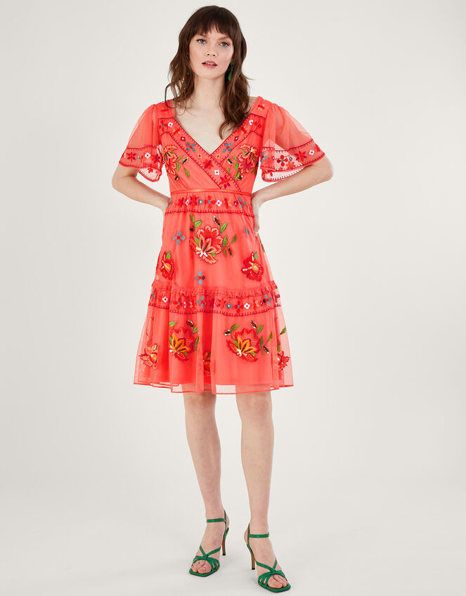 Ana embroidered tiered dress in recycled polyester orange - Monsoon ...