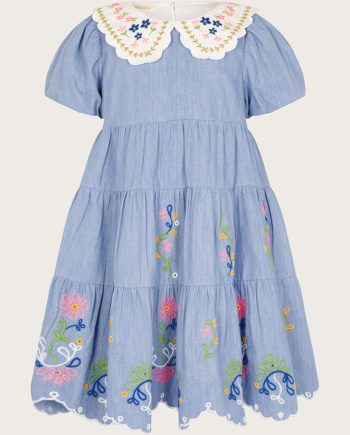 Boutique scallop collar embroidered chambray dress