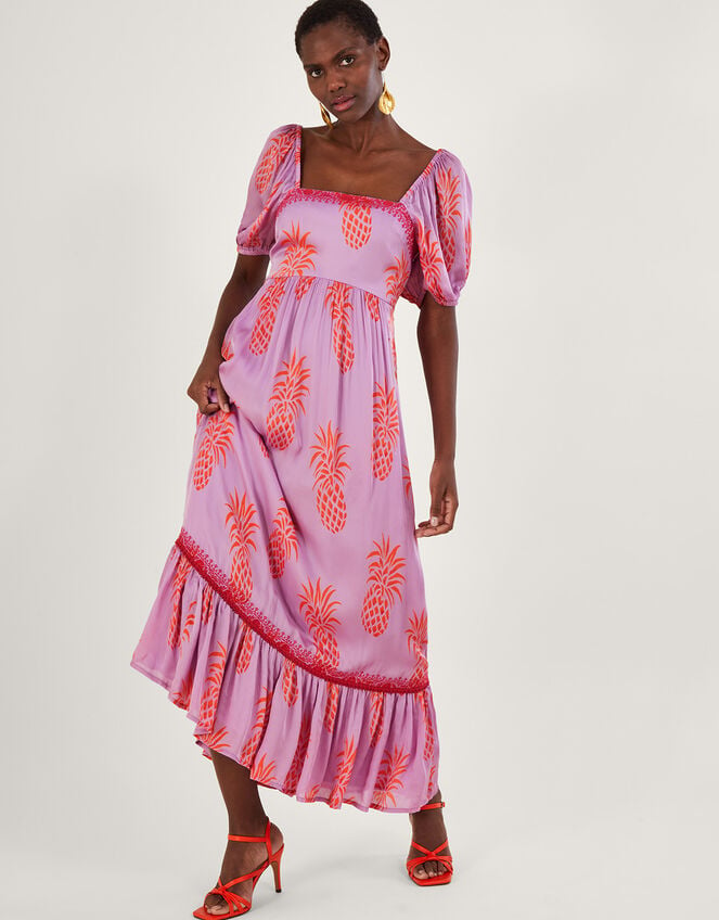 Anasi pineapple print dress in sustainable viscose purple - Monsoon ...