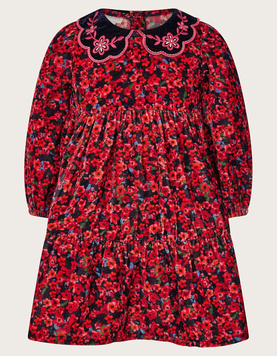 Baby ditsy floral velvet dress red