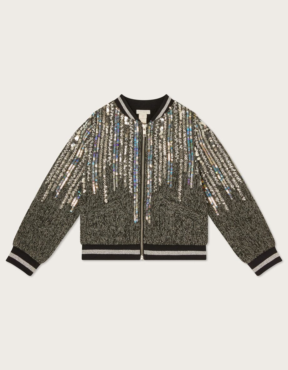 Tweed jewelled bomber jacket grey