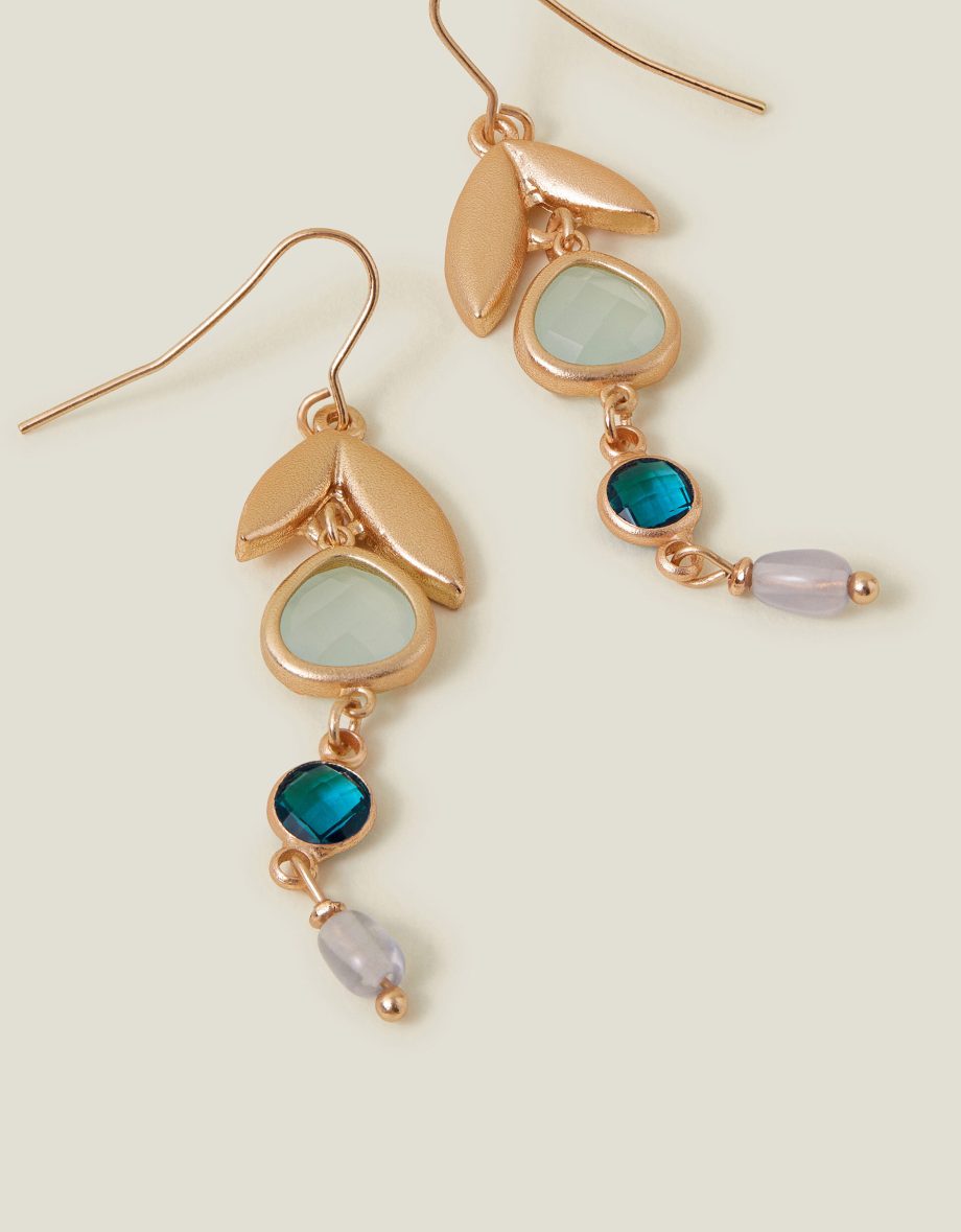 Leaf Gem Long Drop Earrings