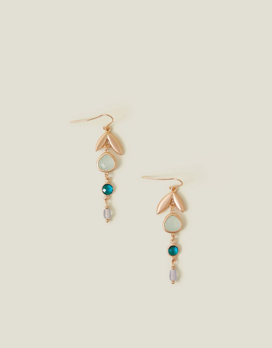 Leaf Gem Long Drop Earrings