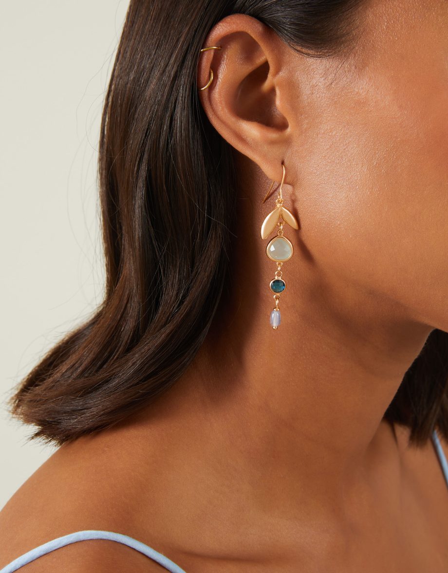 Leaf Gem Long Drop Earrings