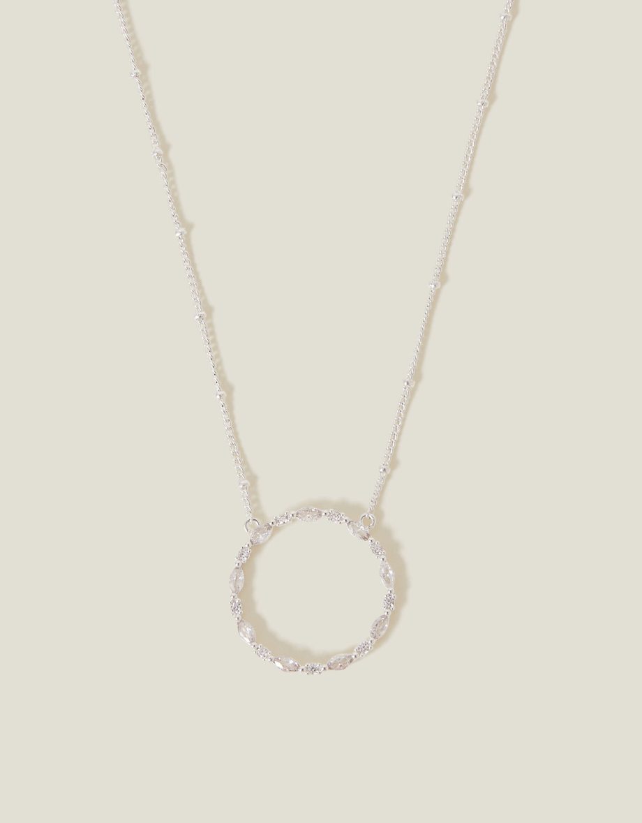 STERLING SILVER-PLATED DIAMANTE CIRCLE PENDANT NECKLACE