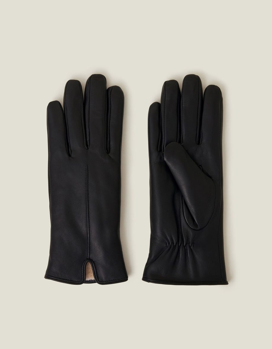 FAUX FUR LINED LEATHER GLOVES BLACK