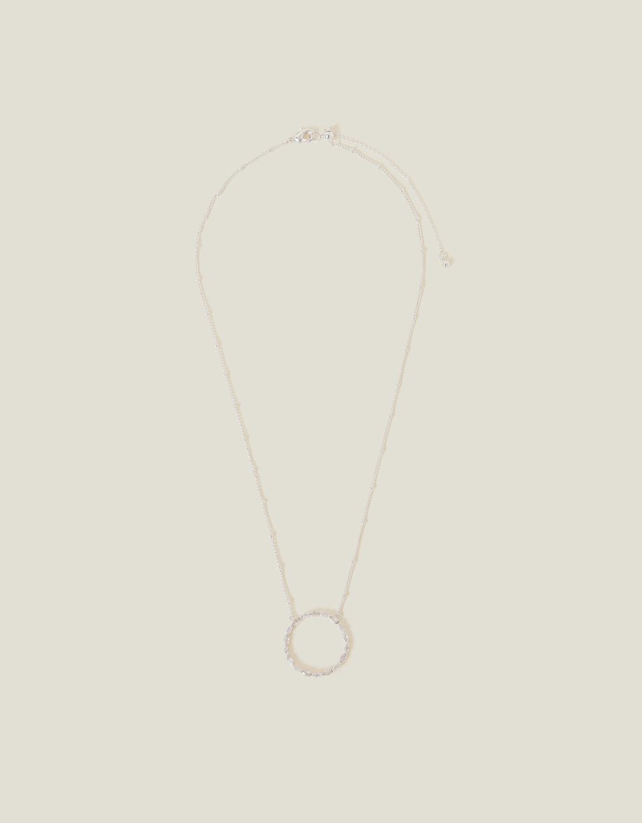 STERLING SILVER-PLATED DIAMANTE CIRCLE PENDANT NECKLACE