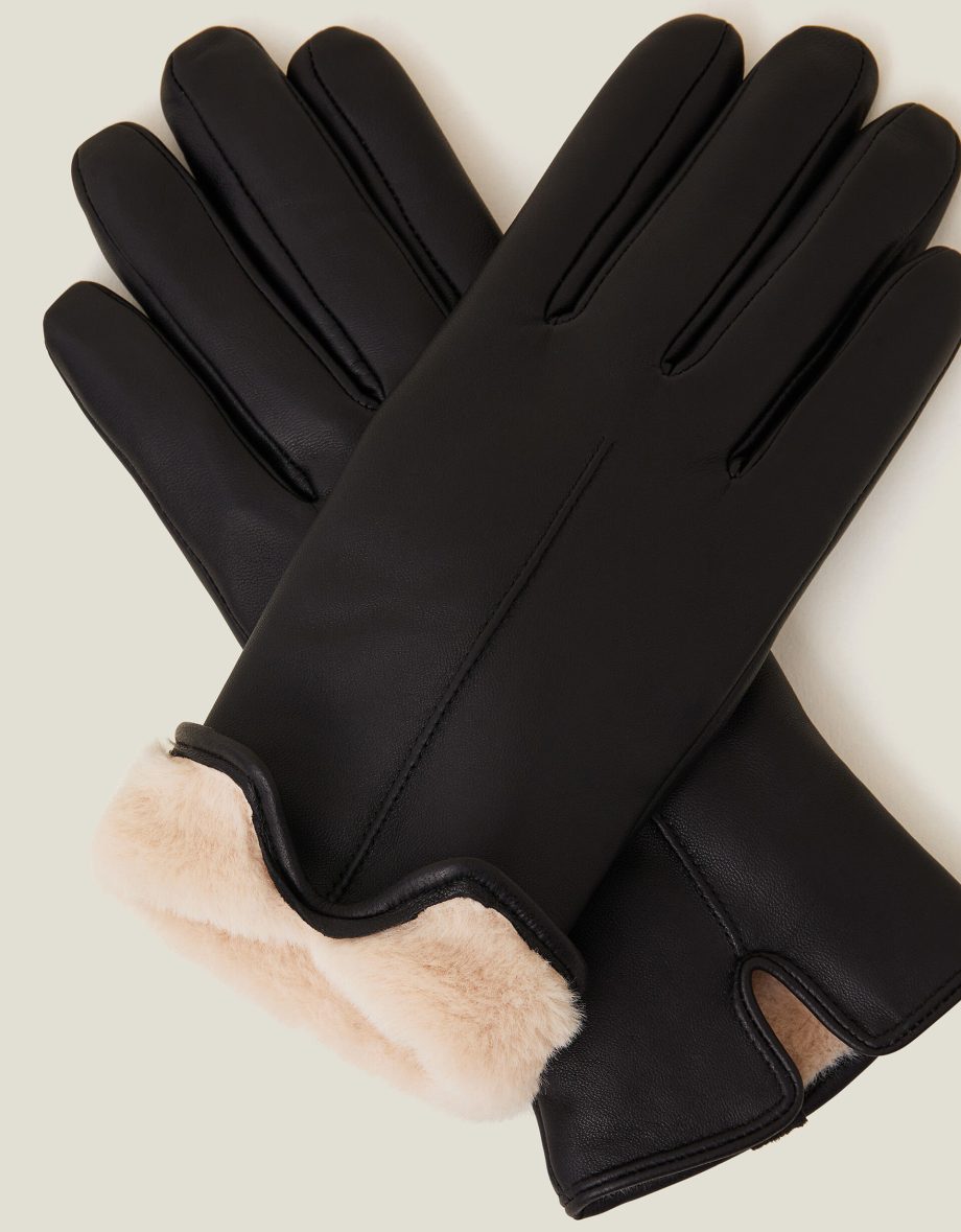 FAUX FUR LINED LEATHER GLOVES BLACK