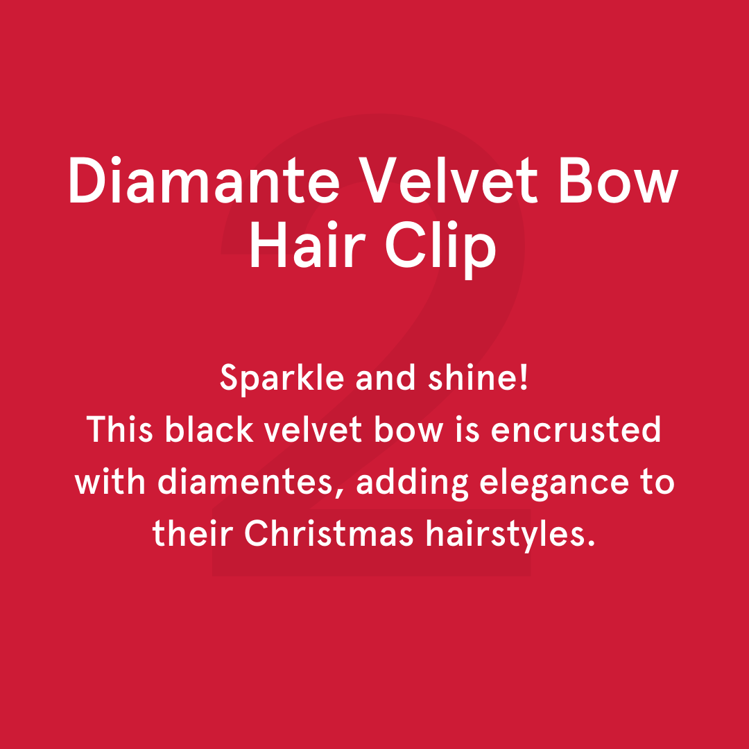 Sparkle and shine! This black velvet bow is encrusted with diamentes, adding elegance to their Christmas hairstyles.