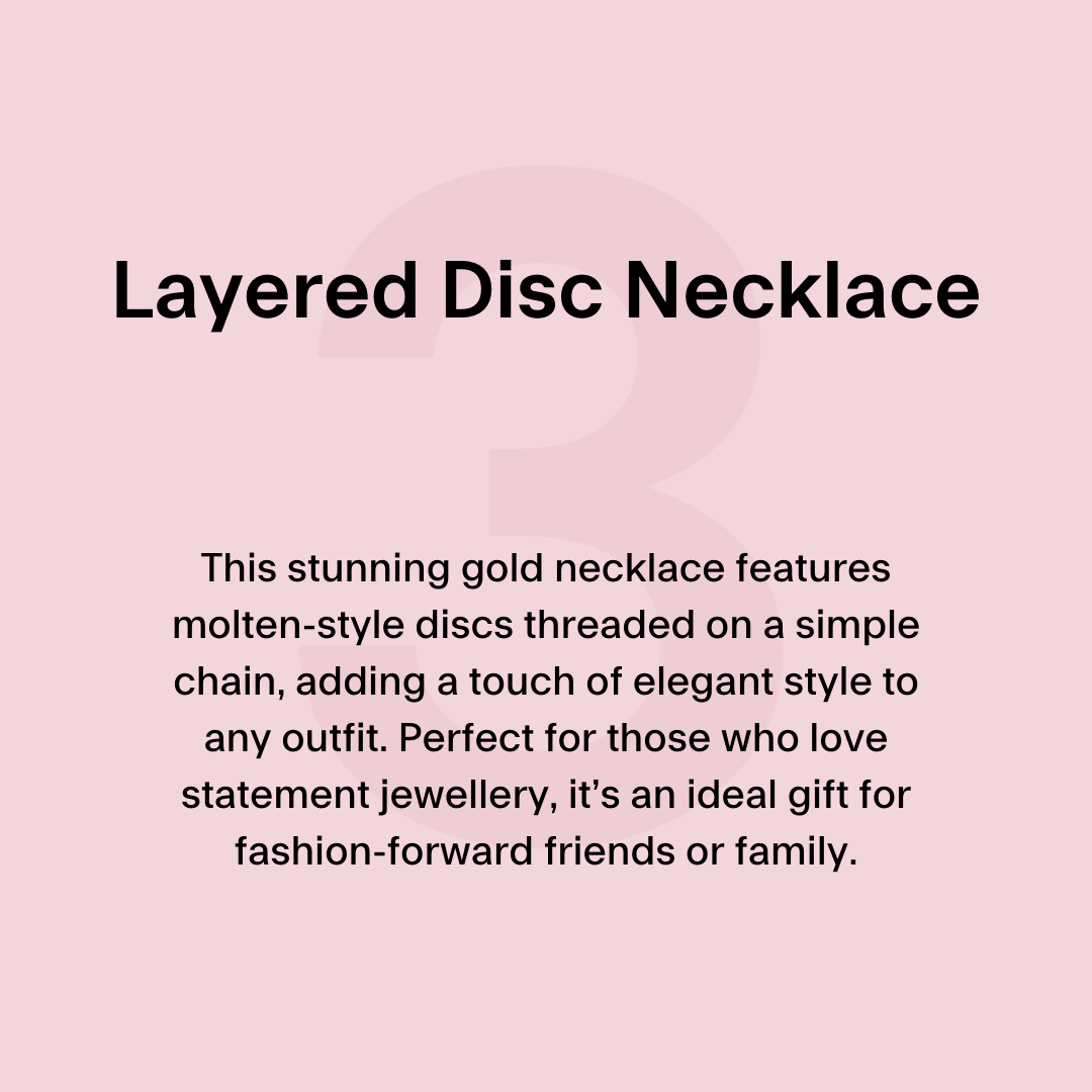 This stunning gold necklace features molten-style discs threaded on a simple chain, adding a touch of elegant style to any outfit. Perfect for those who love statement jewellery, it’s an ideal gift for fashion-forward friends or family.