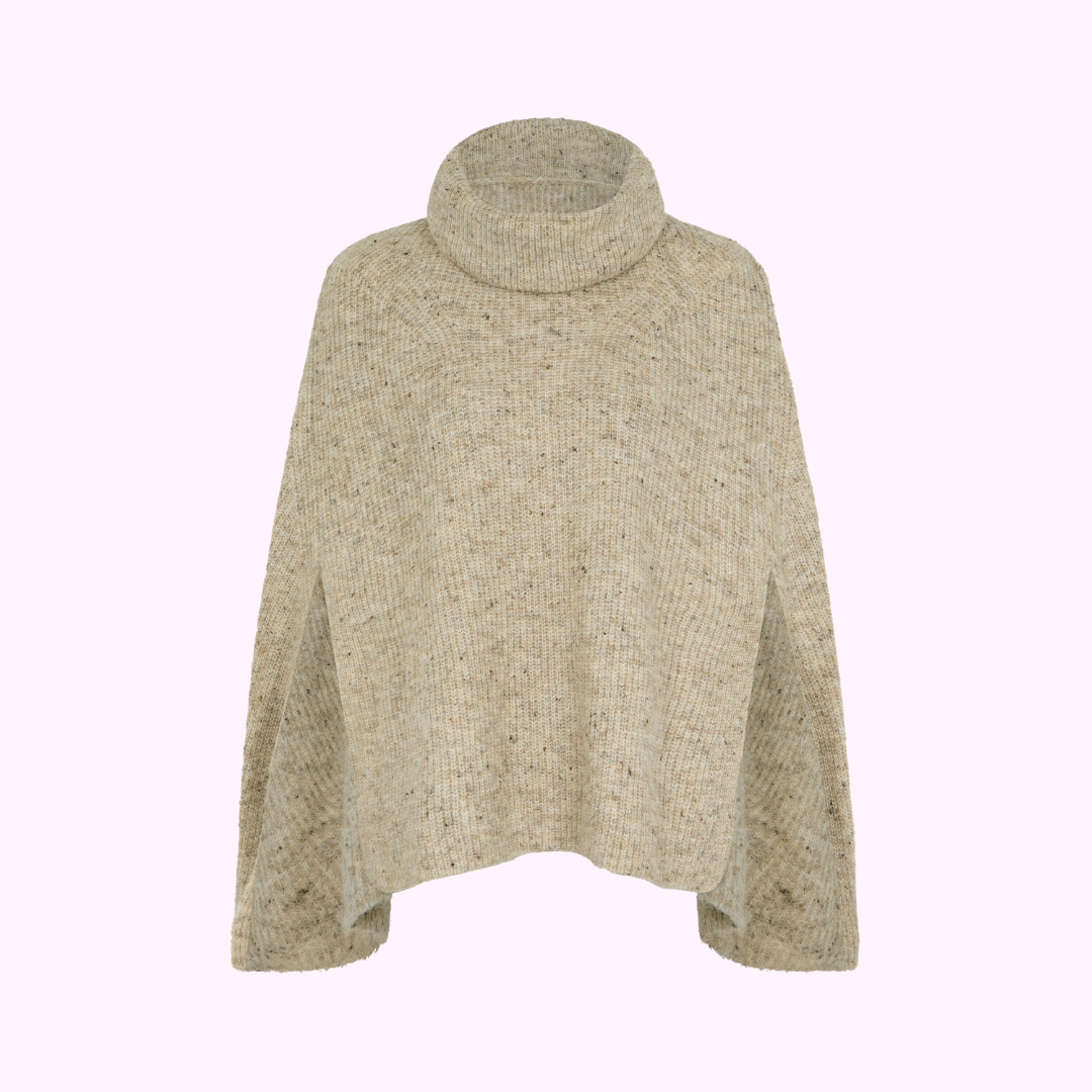 Roll Neck Knit Poncho Camel