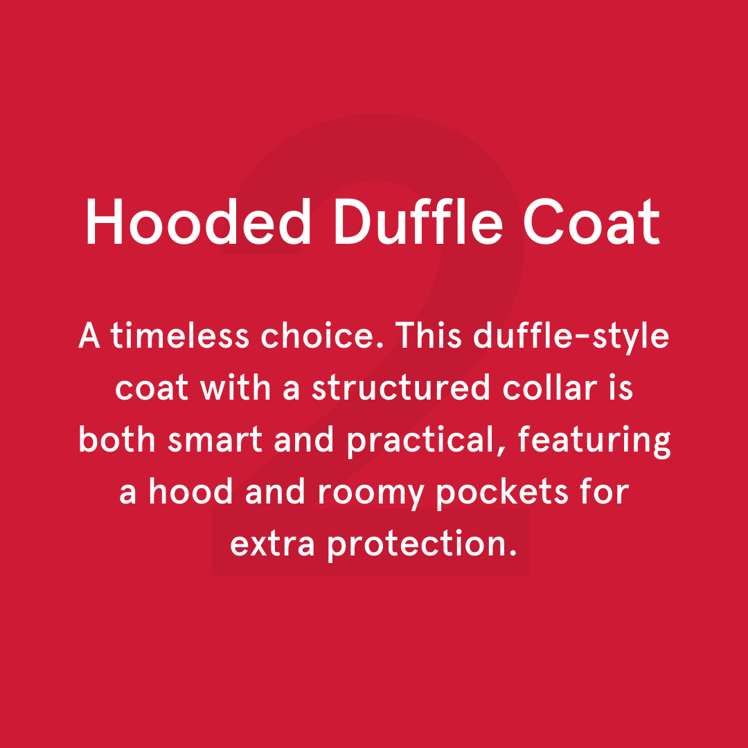 A timeless choice. This duffle-style coat with a structured collar is both smart and practical, featuring a hood and roomy pockets for extra protection.