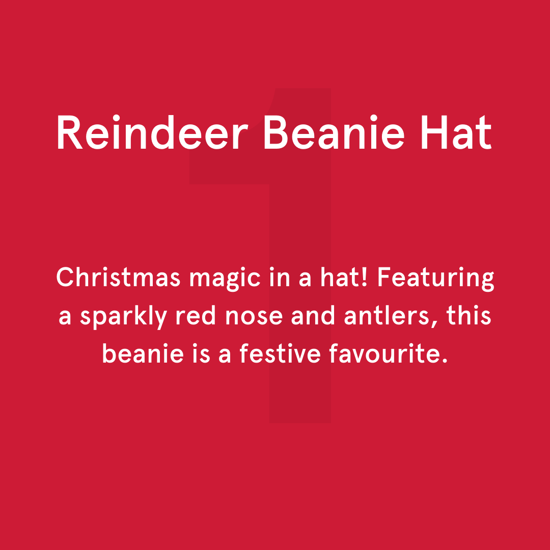 Christmas magic in a hat! Featuring a sparkly red nose and antlers, this beanie is a festive favourite.