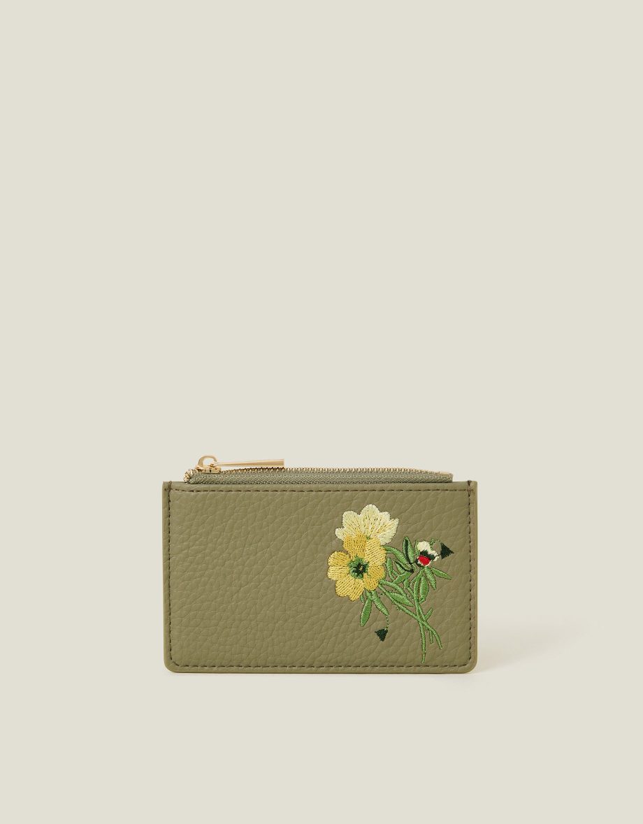 Embroidered Floral Card Holder Green