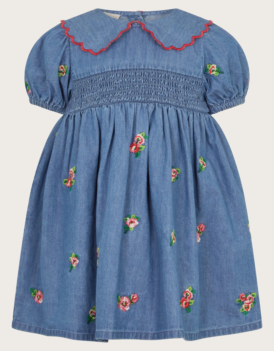 Baby floral embroidered chambray dress blue