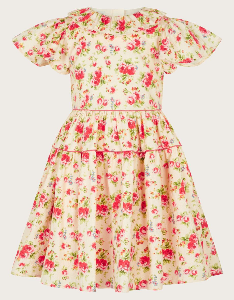 Frilly short sleeve rose print dress pink