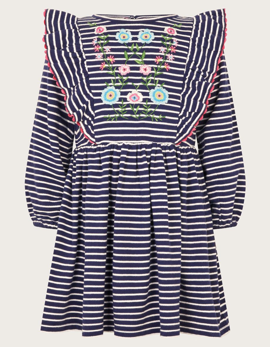 Floral embroidered stripe ruffle dress blue