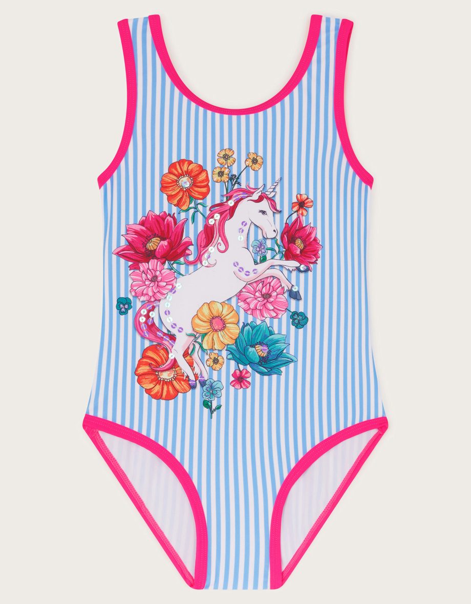 Unicorn Stripe Print Swimsuit Blue