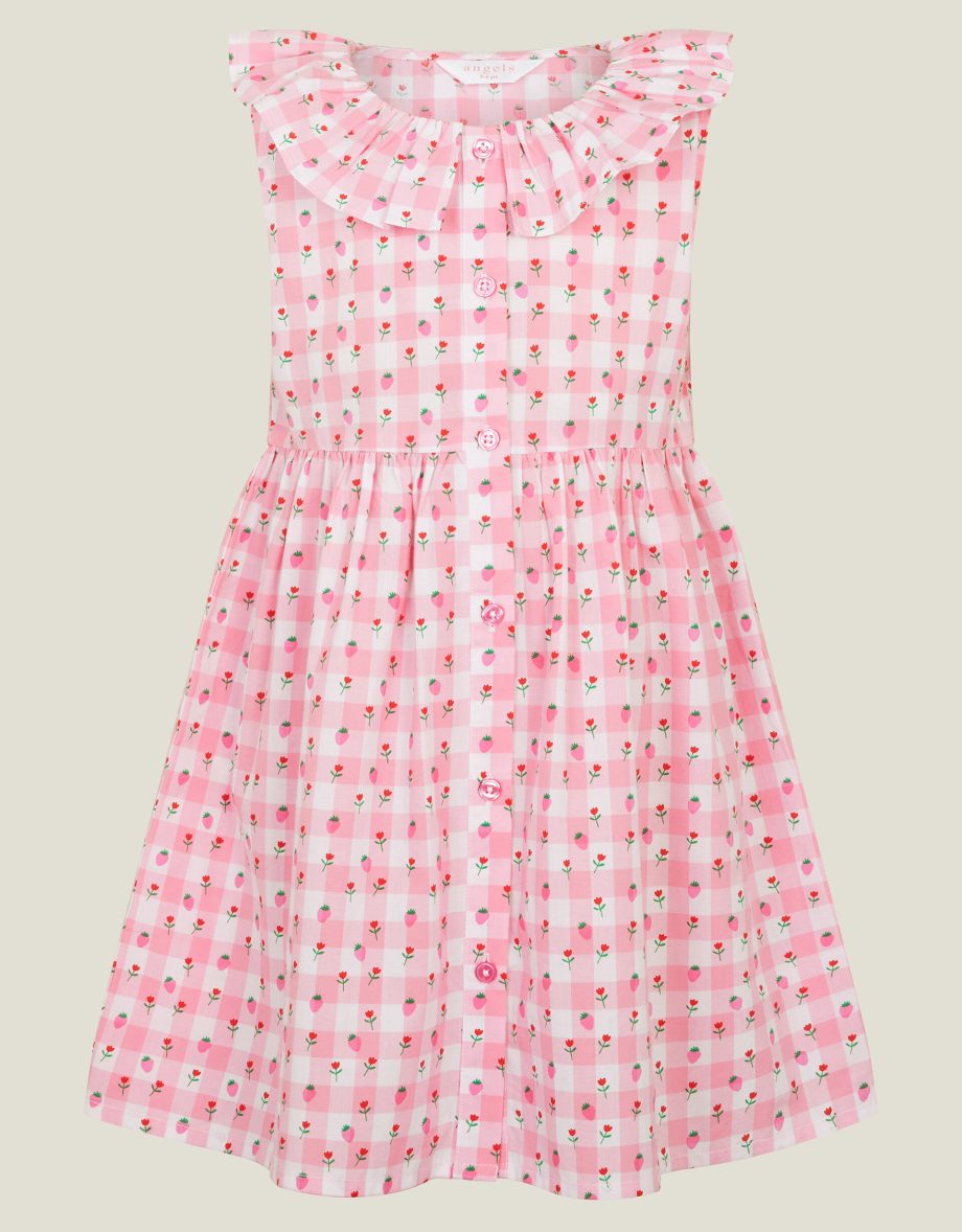 GIRLS SLEEVELESS GINGHAM STRAWBERRY DRESS PINK