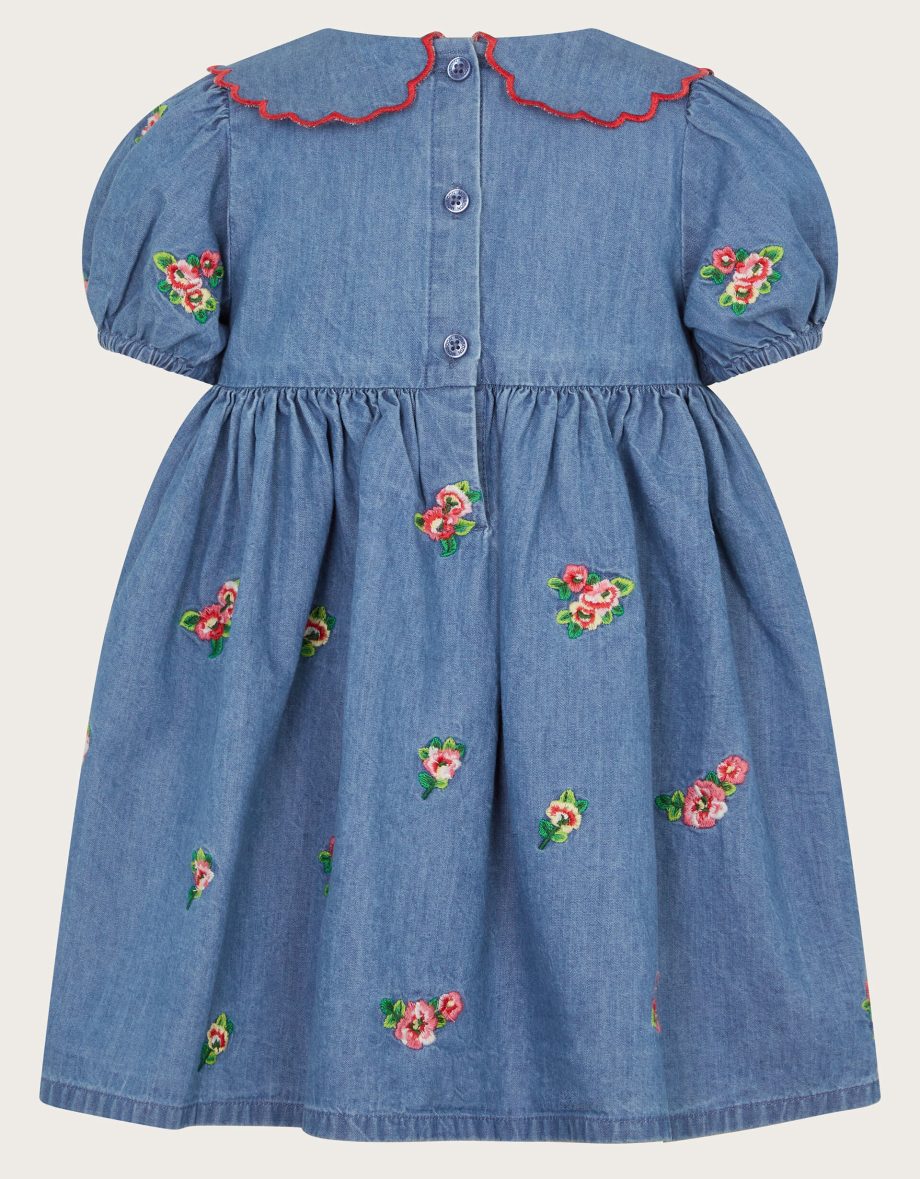 Baby floral embroidered chambray dress blue