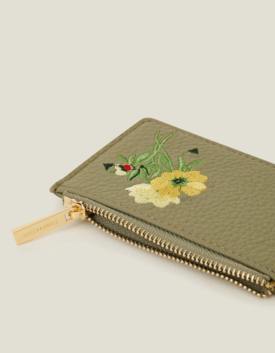 Embroidered Floral Card Holder Green