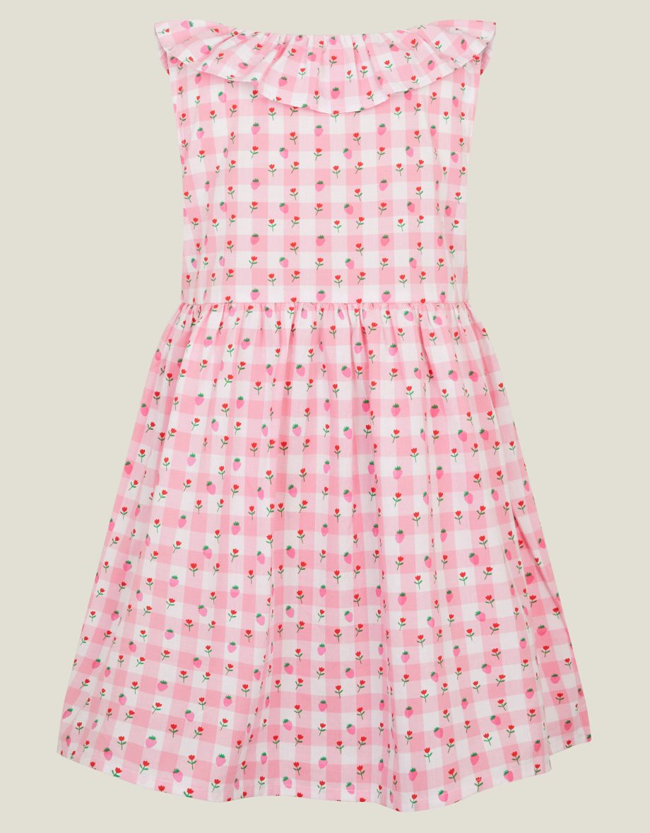 GIRLS SLEEVELESS GINGHAM STRAWBERRY DRESS PINK