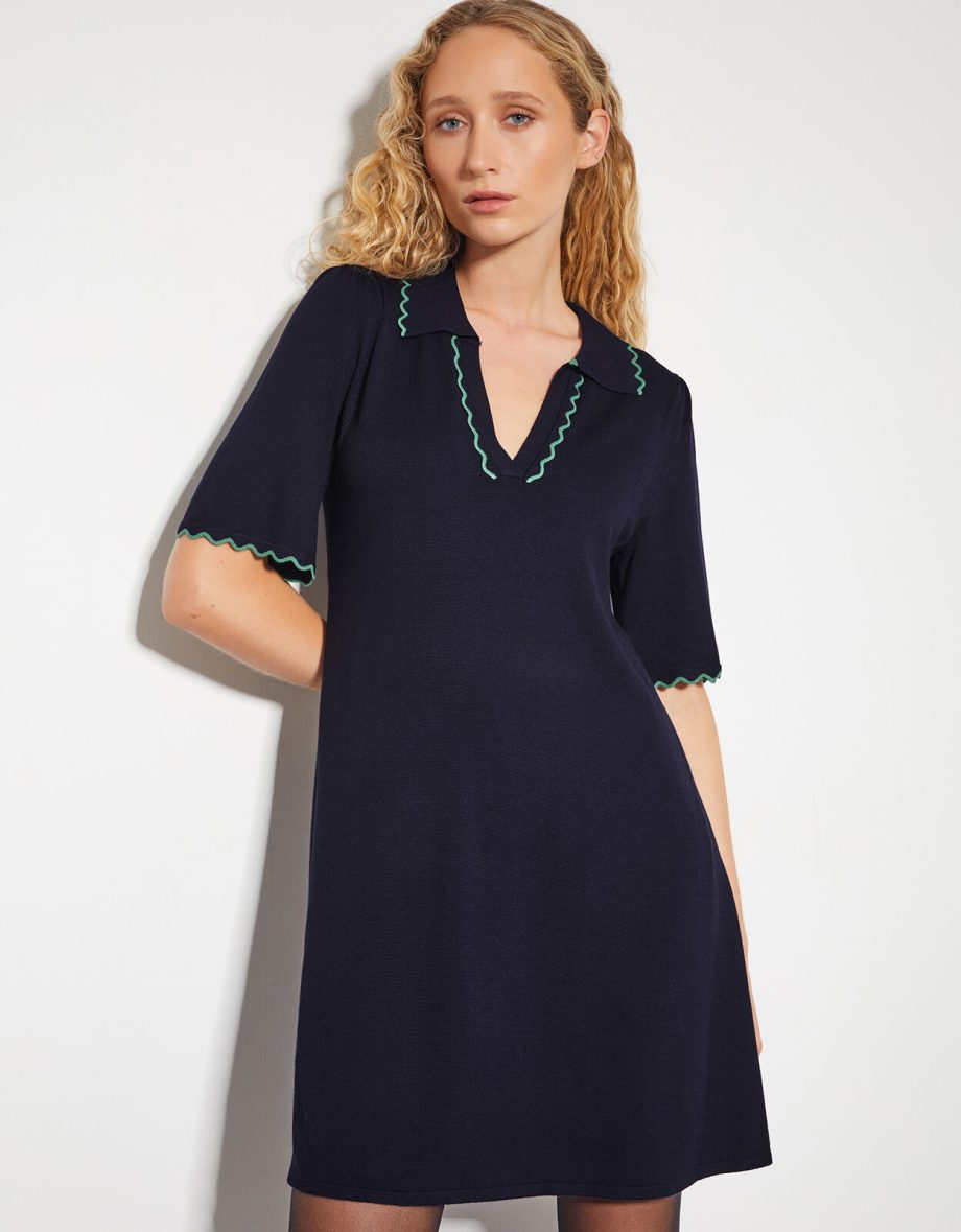 Cole Scallop Collar Knit Mini Dress Blue