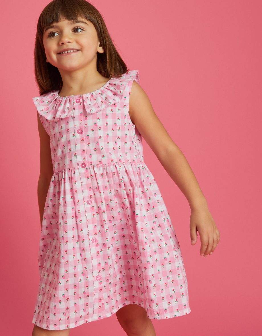 GIRLS SLEEVELESS GINGHAM STRAWBERRY DRESS PINK