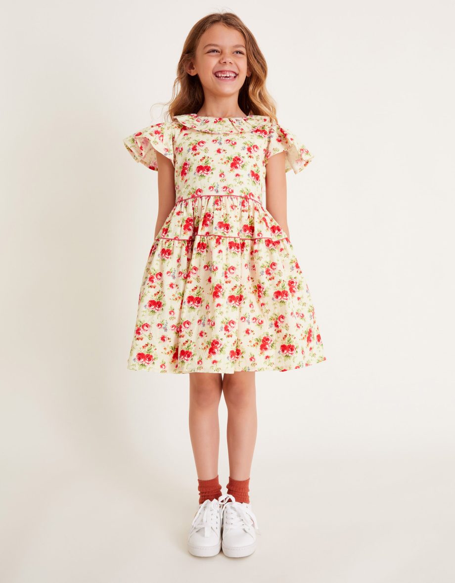 Frilly short sleeve rose print dress pink