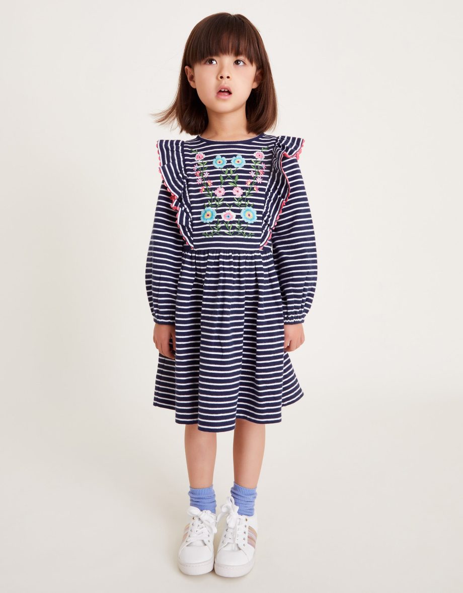 Floral embroidered stripe ruffle dress blue