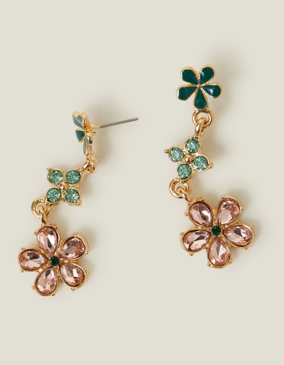 Triple Gem Flower Drop Earrings