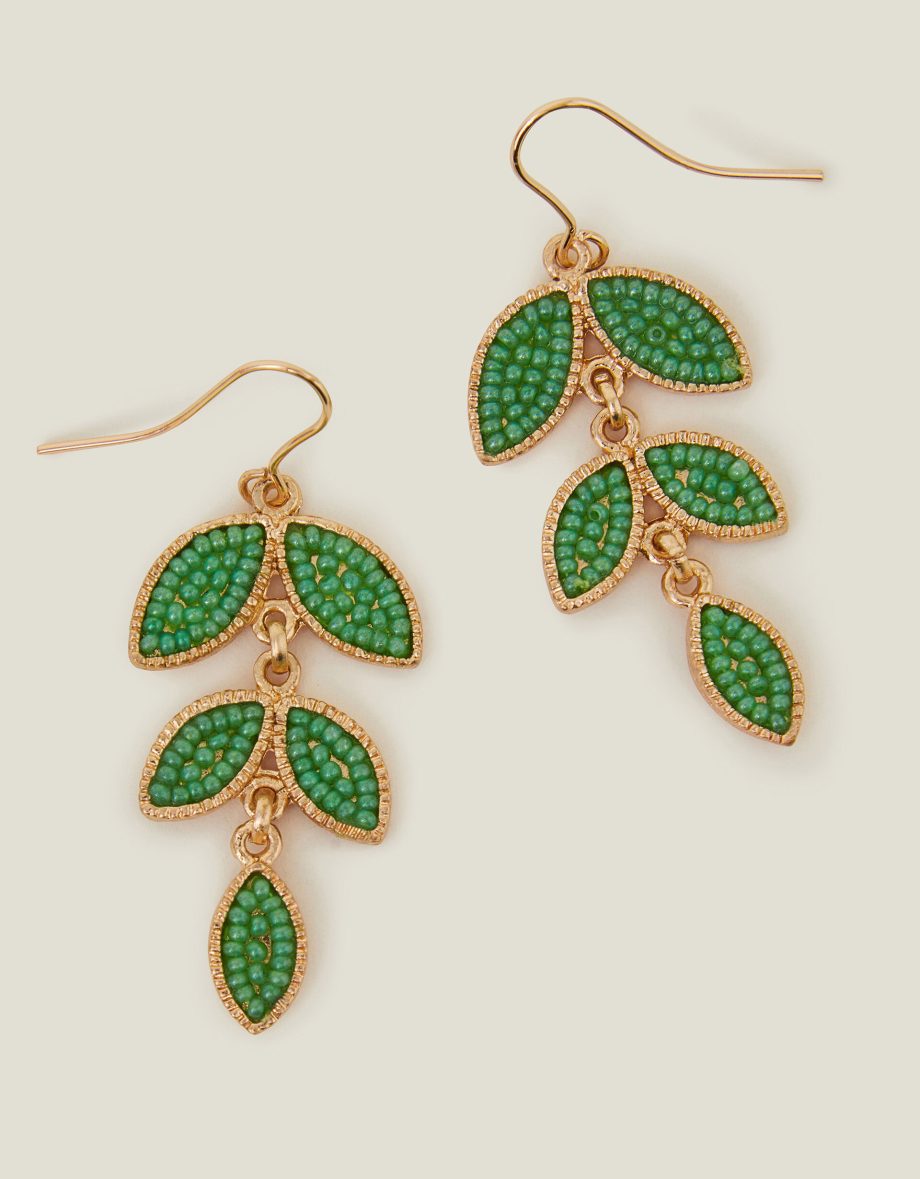 BEADED LEAF DROP EARRINGS GREEN