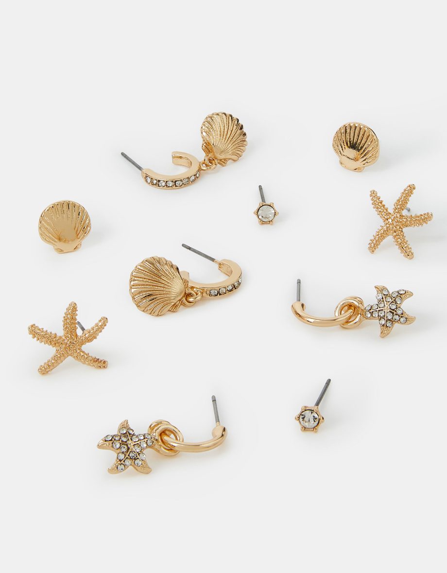 5-PACK BEACH SEASHELL AND HOOP EARRINGS GOLD