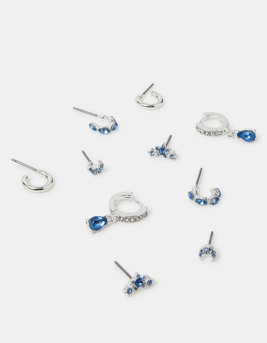 5-PACK DIAMANTE GEM STUD AND HOOP EARRINGS SILVER