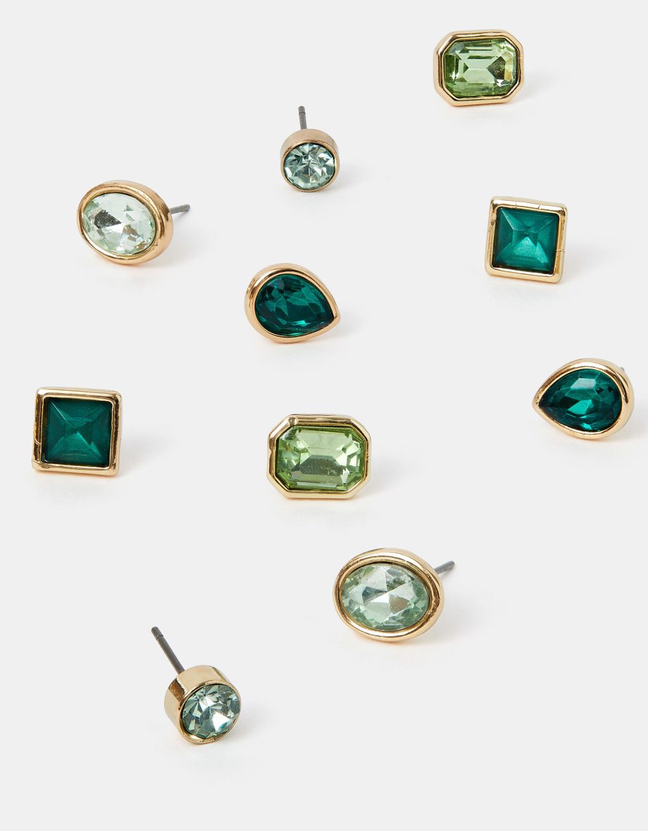 5-Pack Gem Stud Earrings Green