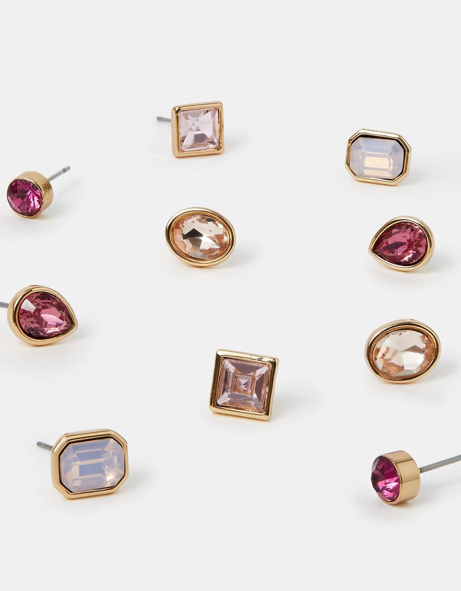 5-Pack Gem Stud Earrings Pink