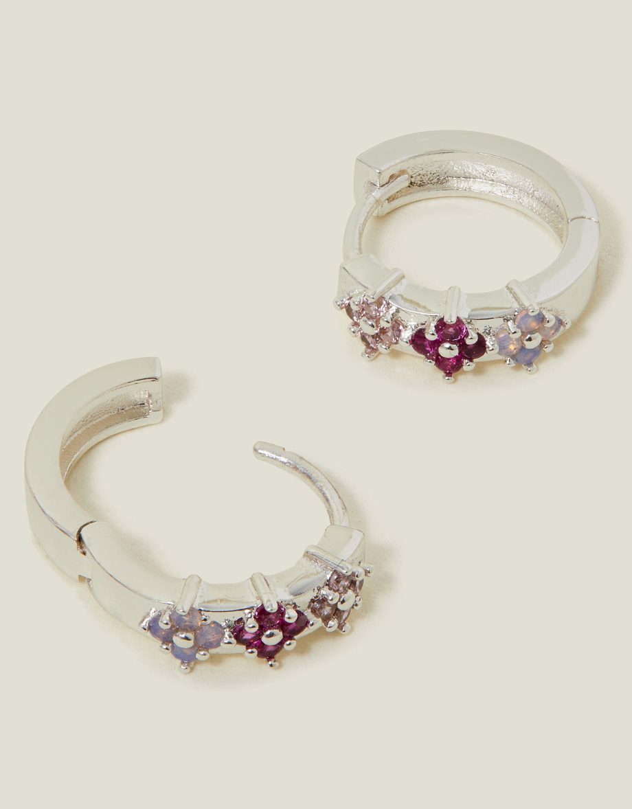 STERLING SILVER-PLATED GEM FLOWER HOOP EARRINGS