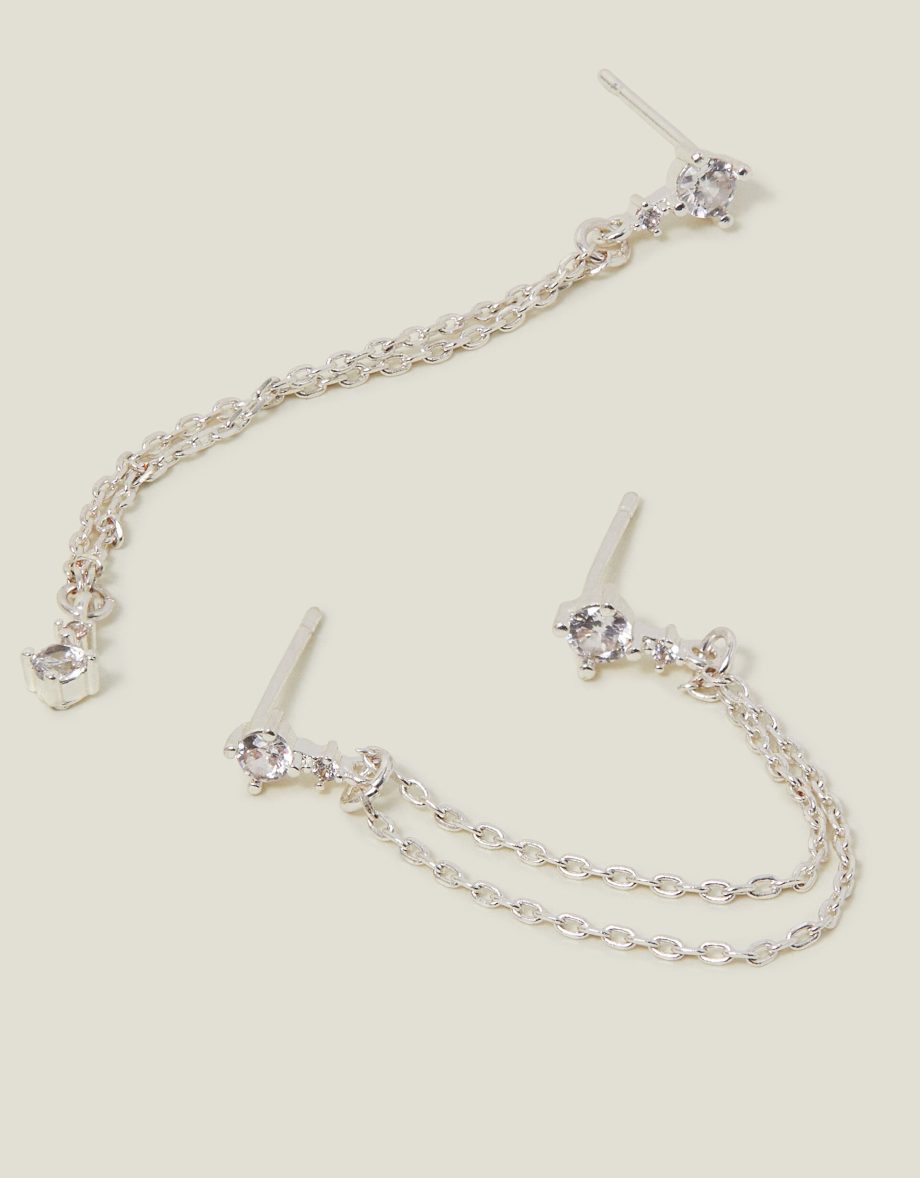 STERLING SILVER-PLATED DIAMANTE CHAIN DROP EARRINGS