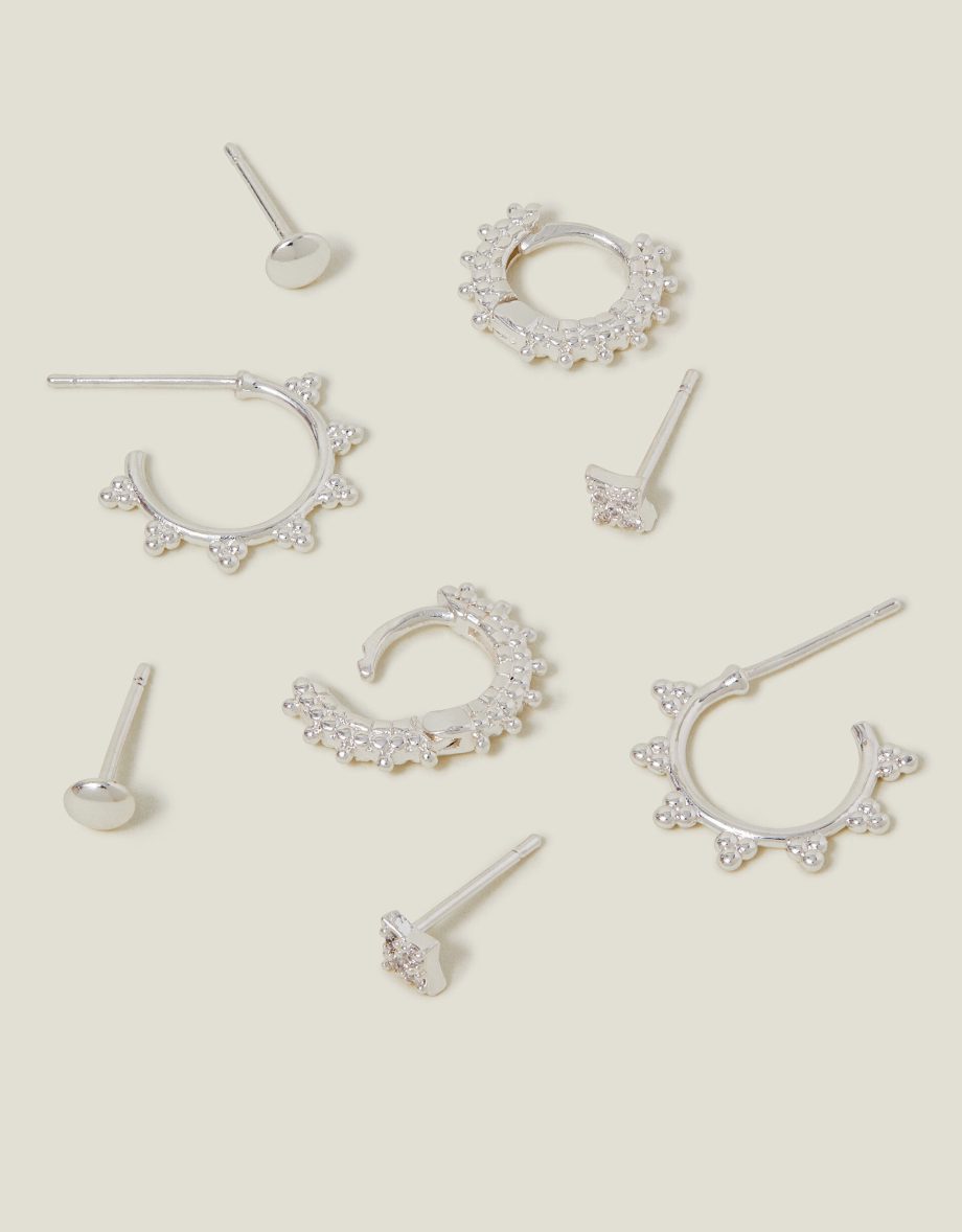 4-PACK STERLING SILVER-PLATED STUD AND BOBBLE HOOP EARRINGS