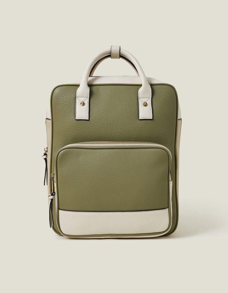 TWO-TONE TOP HANDLE FAUX LEATHER BACKPACK