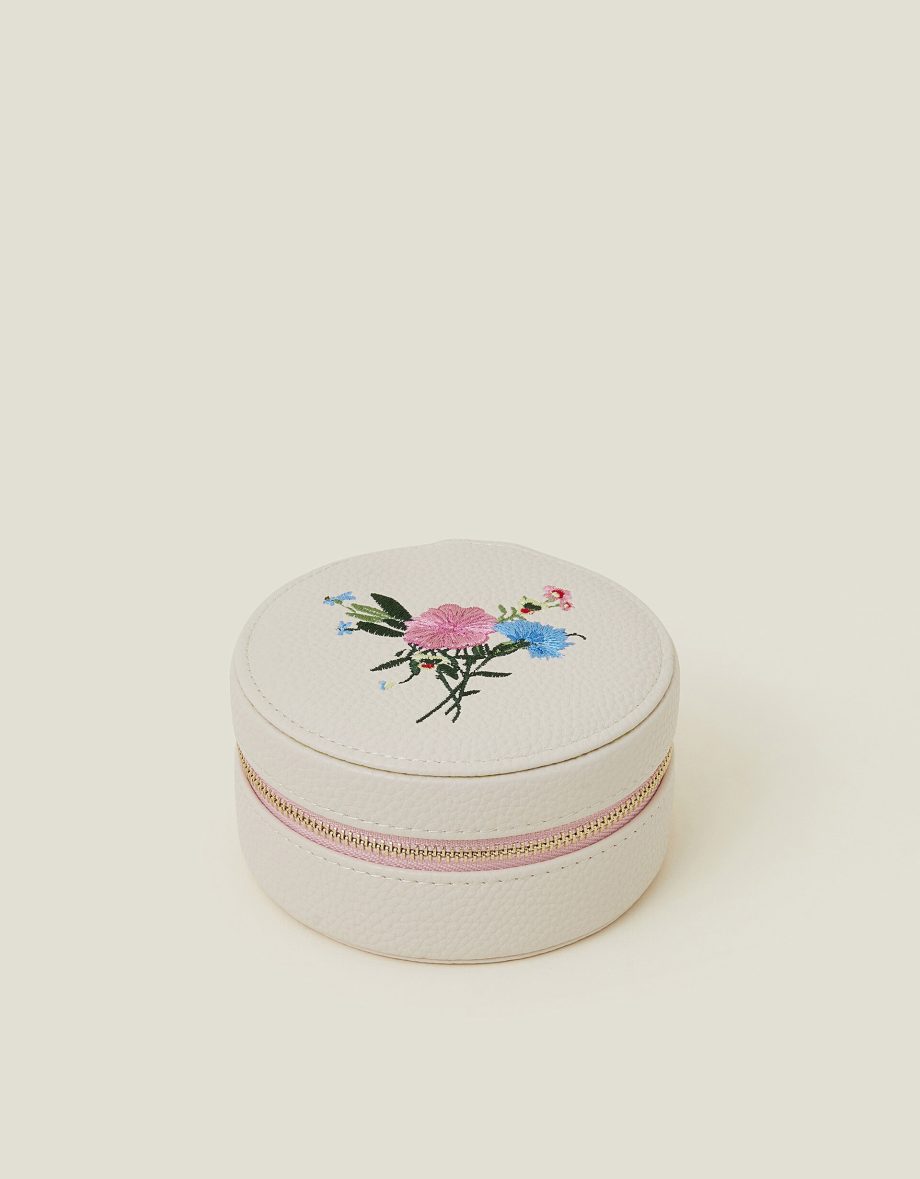 ROUND FLORAL EMBROIDERED JEWELLERY BOX