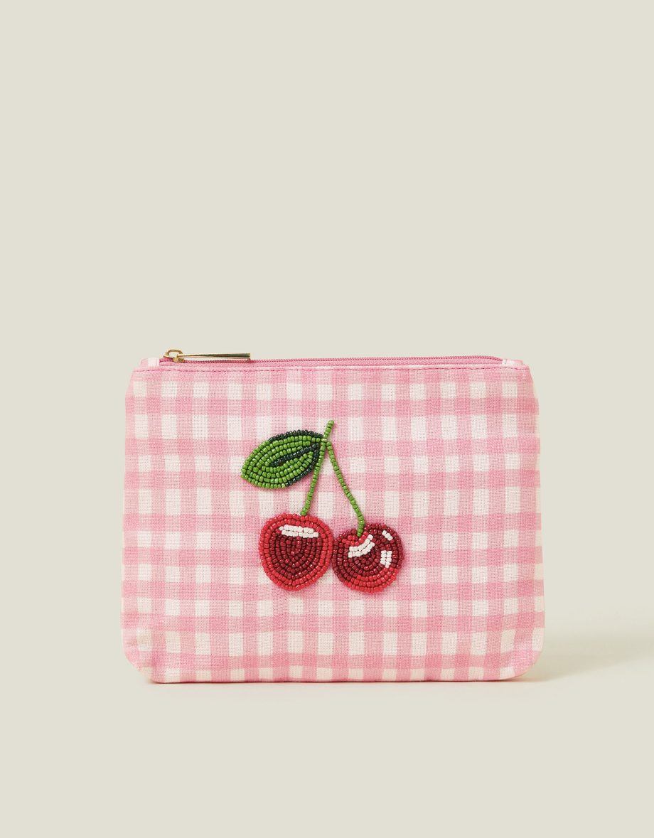 CHERRY BEADED GINGHAM POUCH