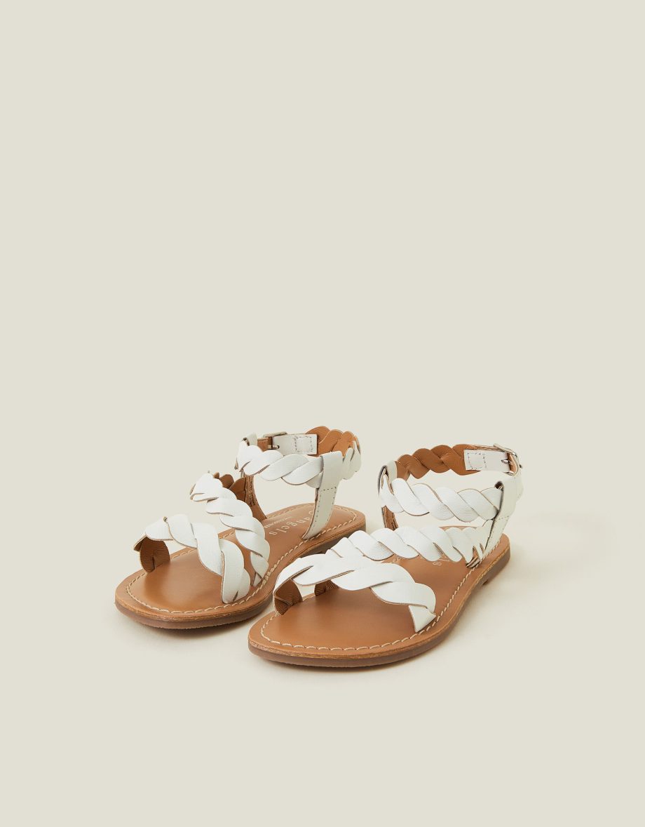 GIRLS LEATHER PLAIT SANDALS WHITE