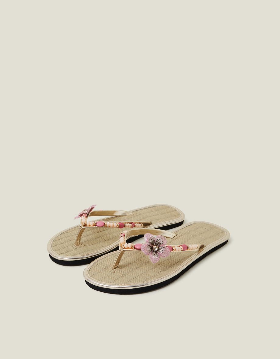 FLOWER BEADED SEAGRASS FLIP FLOPS GOLD