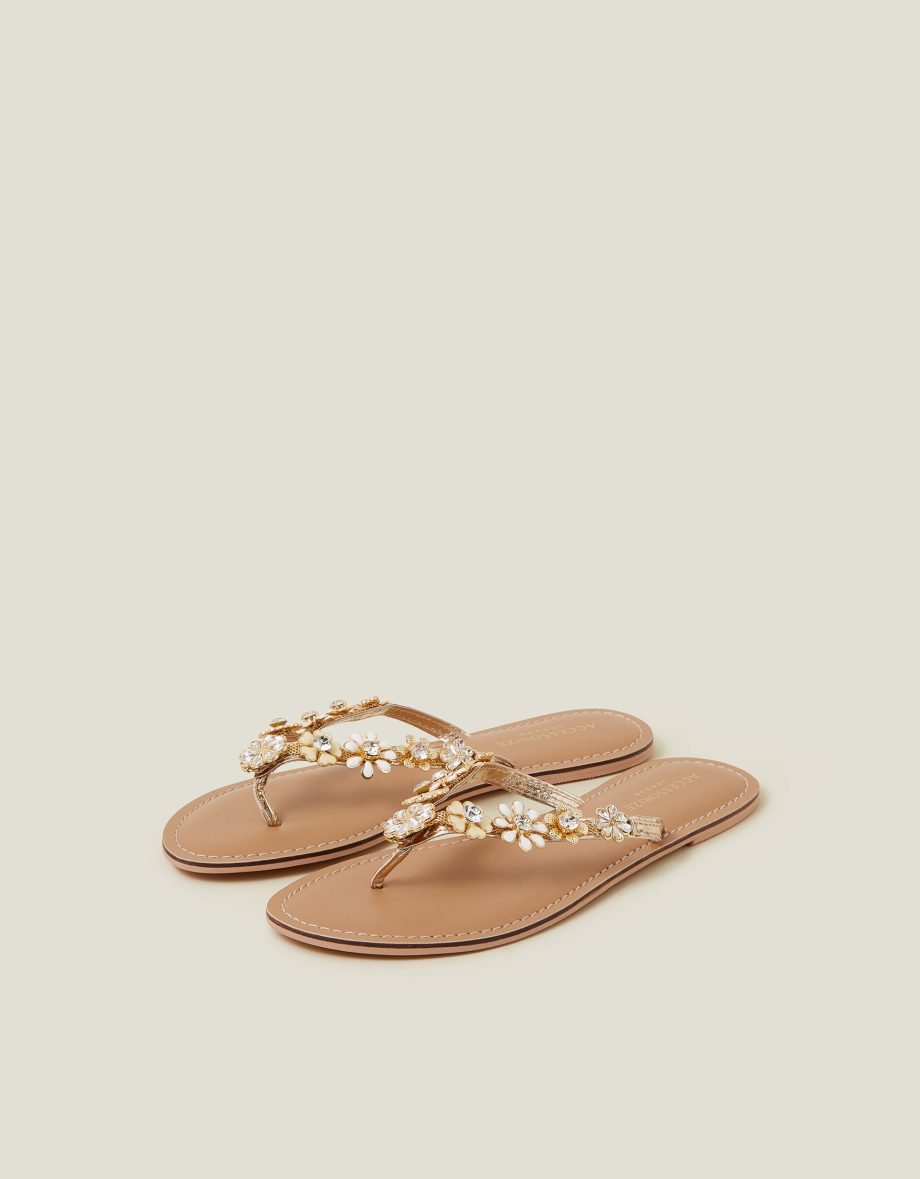 DIAMANTE FLOWER FLIP FLOP SANDALS GOLD